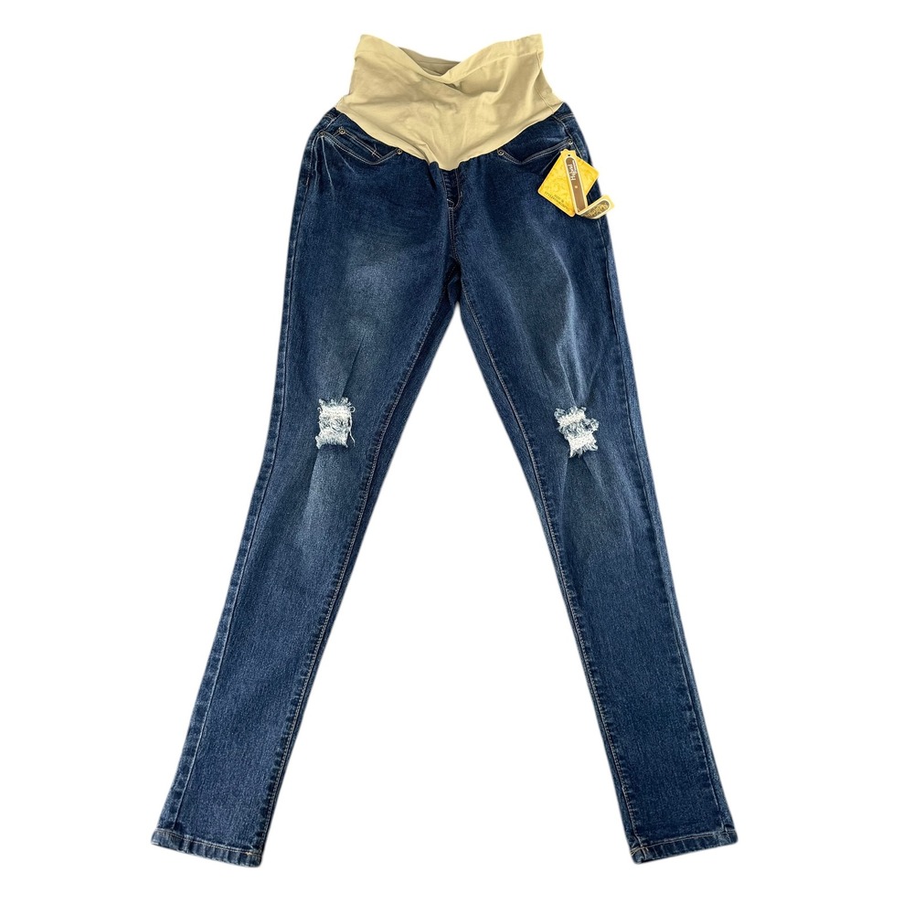 Hybrid & Company Maternity Skinny Jeans Dark Wash‎ Distressed Ripped Knee Size M